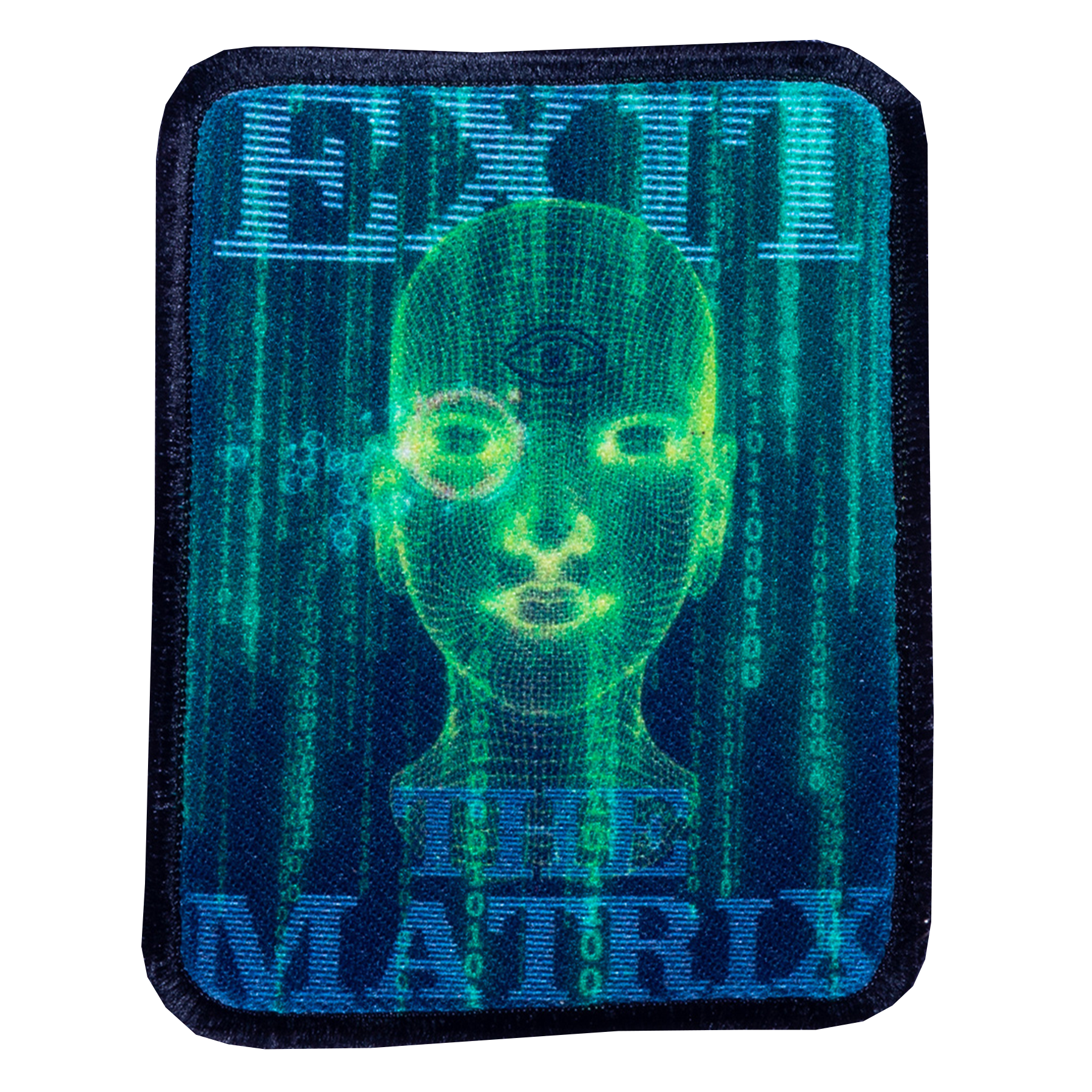 Patch with 'The Matrix' design featuring a wireframe head and binary code on a blue background.